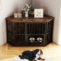 Eck-Hundekäfig platzsparender Hundekäfig mit verstellbarem Futterspender 2 Edelstahlnäpfen Braun