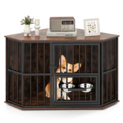 Eck-Hundekäfig platzsparender Hundekäfig mit verstellbarem Futterspender 2 Edelstahlnäpfen Braun