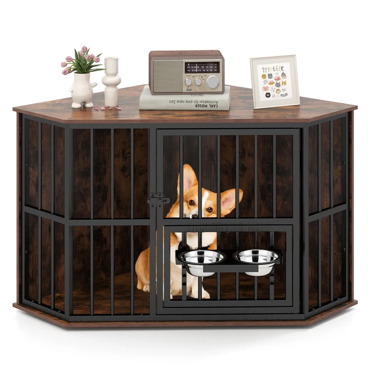 Eck-Hundekäfig platzsparender Hundekäfig mit verstellbarem Futterspender 2 Edelstahlnäpfen Braun