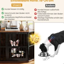 Eck-Hundekäfig platzsparender Hundekäfig mit verstellbarem Futterspender 2 Edelstahlnäpfen Braun