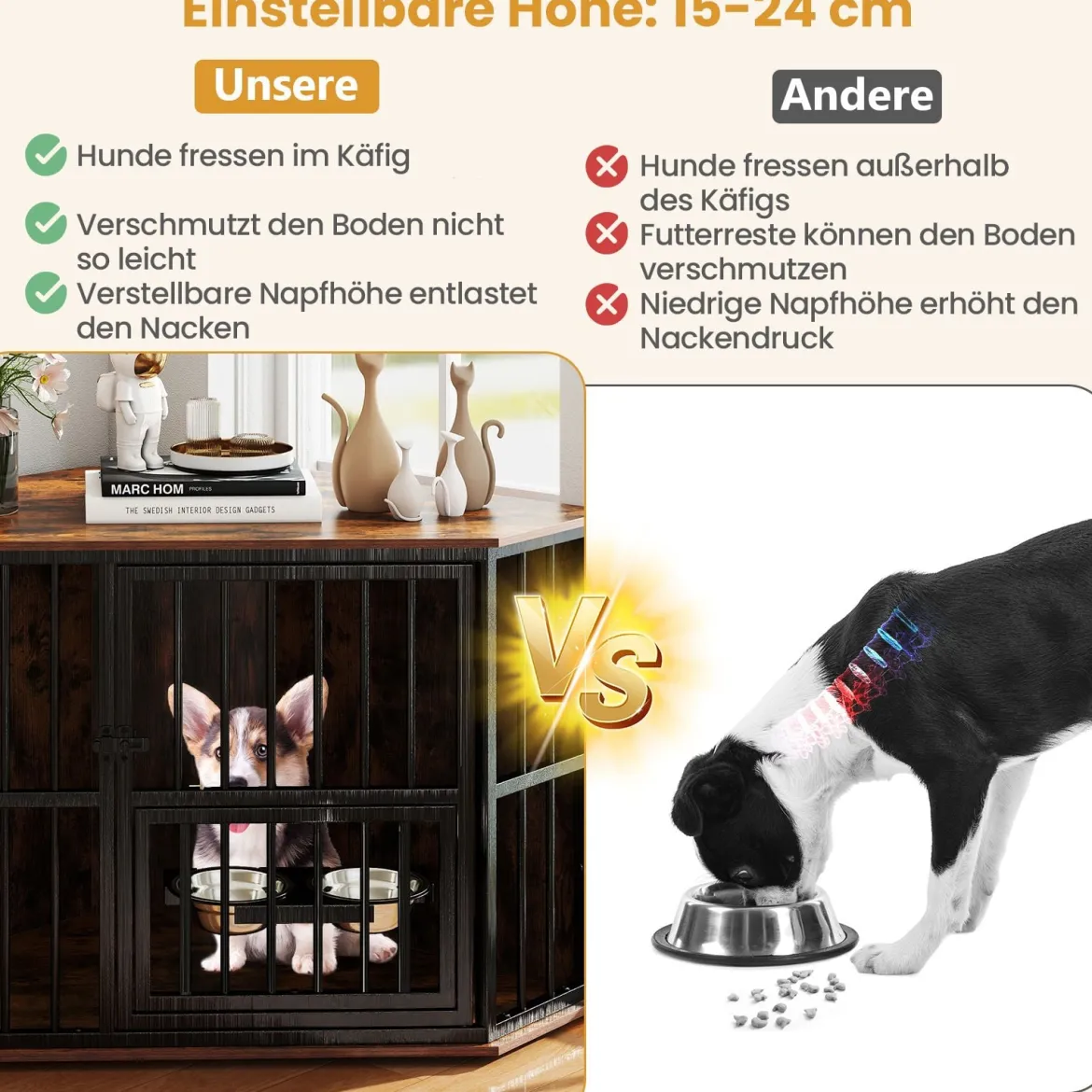 Eck-Hundekäfig platzsparender Hundekäfig mit verstellbarem Futterspender 2 Edelstahlnäpfen Braun