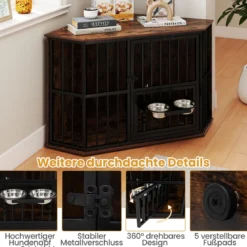 Eck-Hundekäfig platzsparender Hundekäfig mit verstellbarem Futterspender 2 Edelstahlnäpfen Braun