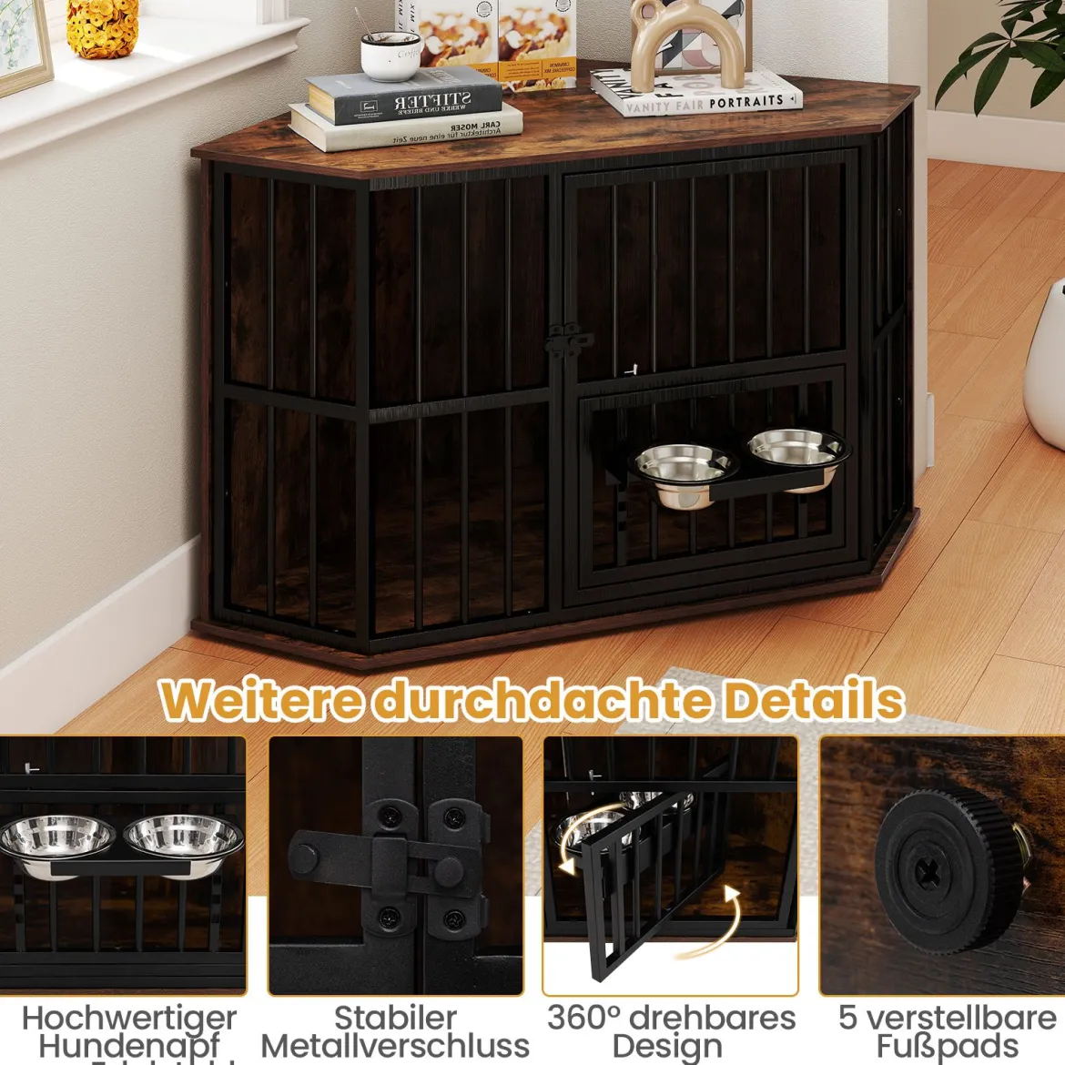 Eck-Hundekäfig platzsparender Hundekäfig mit verstellbarem Futterspender 2 Edelstahlnäpfen Braun