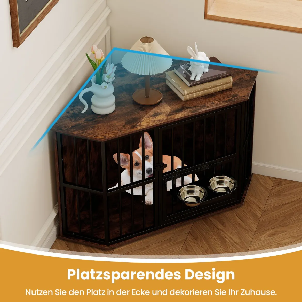 Eck-Hundekäfig platzsparender Hundekäfig mit verstellbarem Futterspender 2 Edelstahlnäpfen Braun