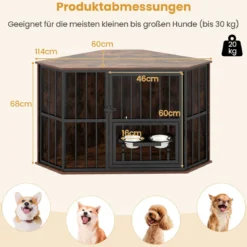 Eck-Hundekäfig platzsparender Hundekäfig mit verstellbarem Futterspender 2 Edelstahlnäpfen Braun