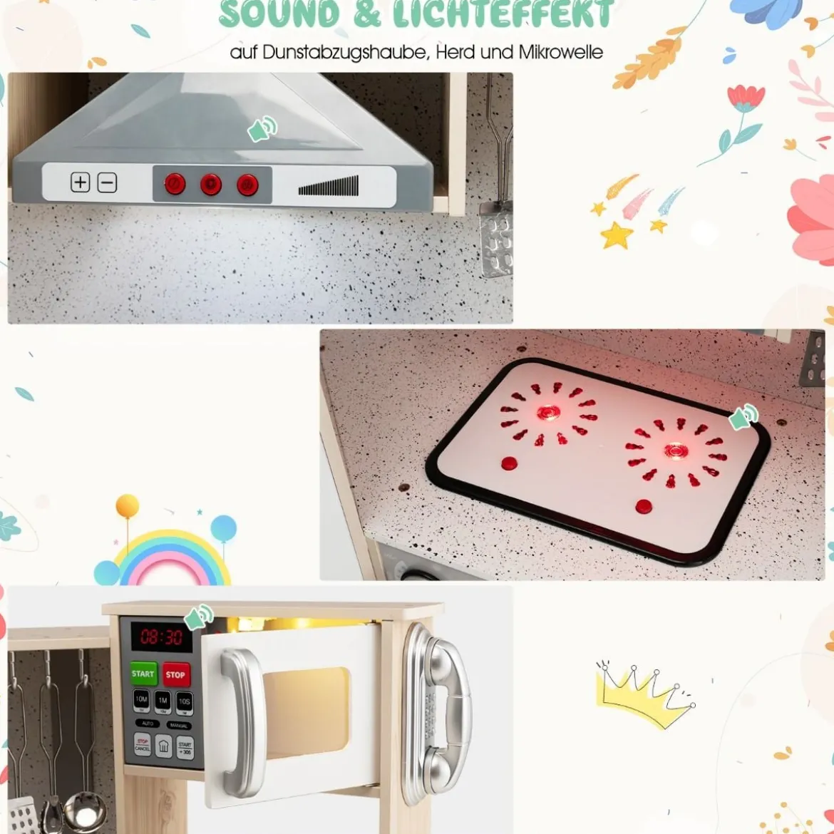 Eckküch Eck Spielküche mit Sound und Licht Kinderküche aus Holz inkl. Spielzubehör Weiß + Natur