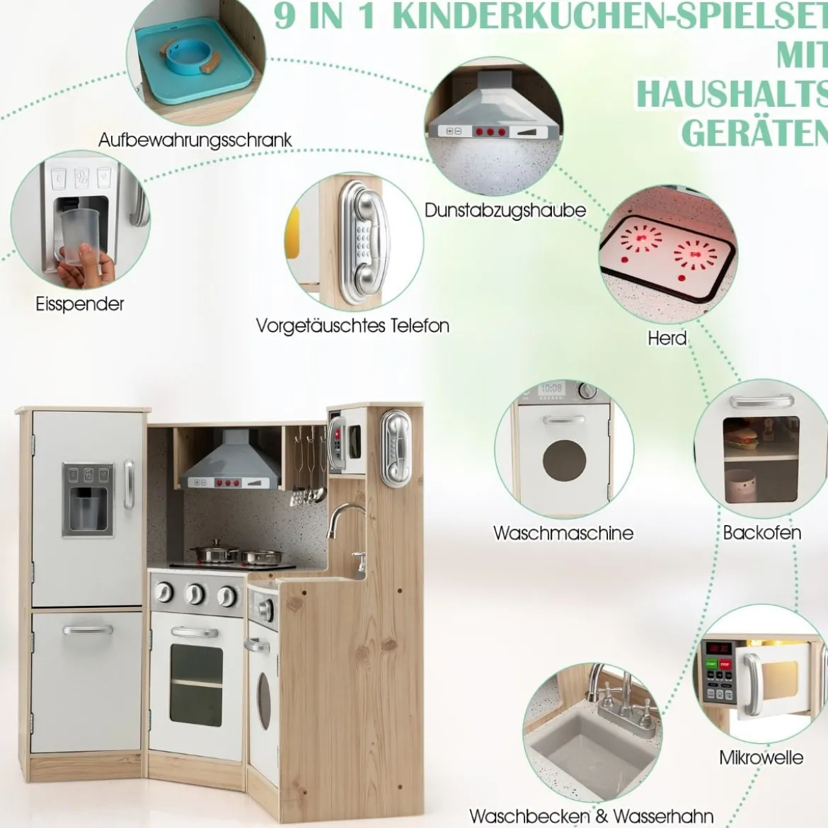 Eckküch Eck Spielküche mit Sound und Licht Kinderküche aus Holz inkl. Spielzubehör Weiß + Natur