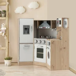 Eckküch Eck Spielküche mit Sound und Licht Kinderküche aus Holz inkl. Spielzubehör Weiß + Natur