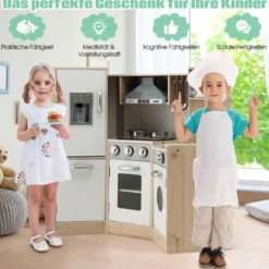 Eckküch Eck Spielküche mit Sound und Licht Kinderküche aus Holz inkl. Spielzubehör Weiß + Natur