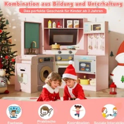 Eckküche mit Lichtern & Geräuschen Holzküche mit herausziehbarem Mülleimer Vorhang Spüle Herd Mikrowelle Rosa