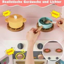Eckküche mit Lichtern & Geräuschen Holzküche mit herausziehbarem Mülleimer Vorhang Spüle Herd Mikrowelle Rosa
