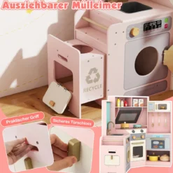 Eckküche mit Lichtern & Geräuschen Holzküche mit herausziehbarem Mülleimer Vorhang Spüle Herd Mikrowelle Rosa