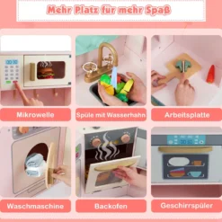 Eckküche mit Lichtern & Geräuschen Holzküche mit herausziehbarem Mülleimer Vorhang Spüle Herd Mikrowelle Rosa
