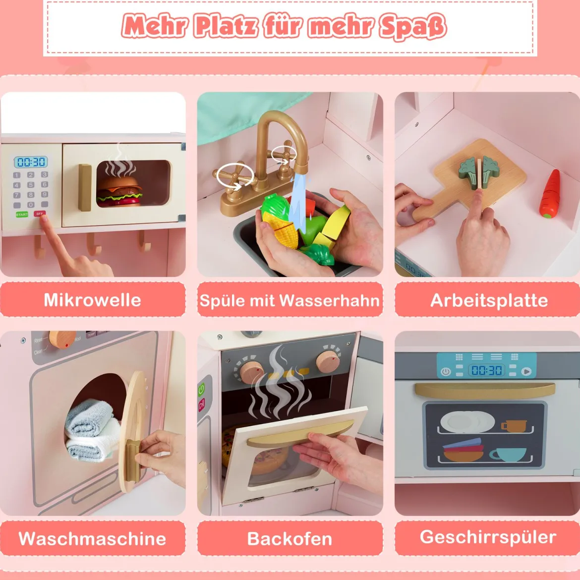 Eckküche mit Lichtern & Geräuschen Holzküche mit herausziehbarem Mülleimer Vorhang Spüle Herd Mikrowelle Rosa