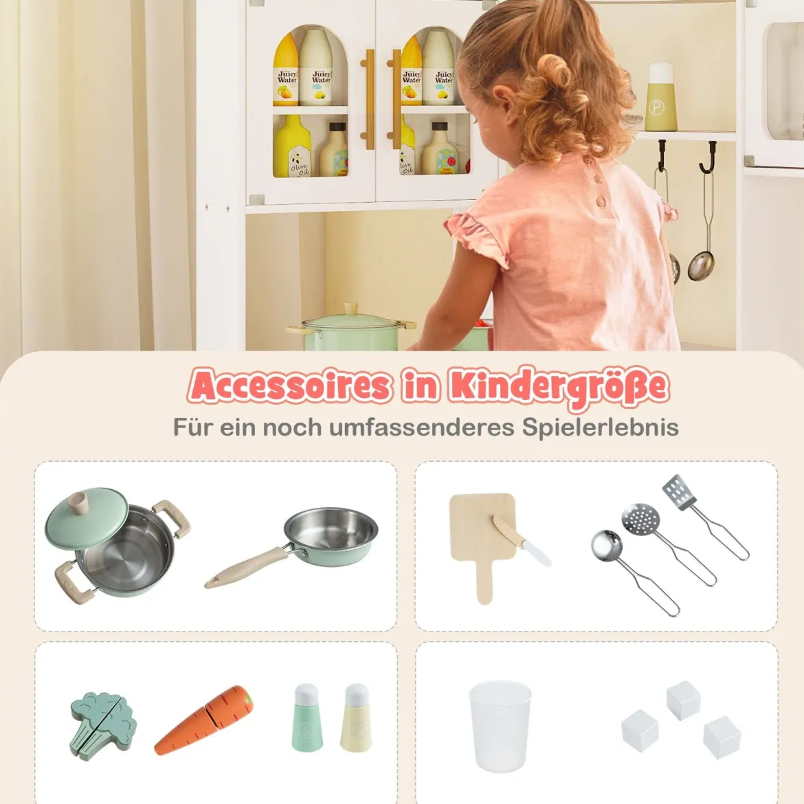 Eckküche mit Licht und Sound Holzspielset mit ausziehbarer Arbeitsplatte Spüle Herd Ofen Kühlschrank Weiß