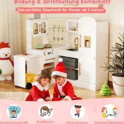 Eckküche mit Licht und Sound Holzspielset mit ausziehbarer Arbeitsplatte Spüle Herd Ofen Kühlschrank Weiß