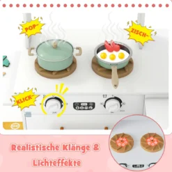 Eckküche mit Licht und Sound Holzspielset mit ausziehbarer Arbeitsplatte Spüle Herd Ofen Kühlschrank Weiß