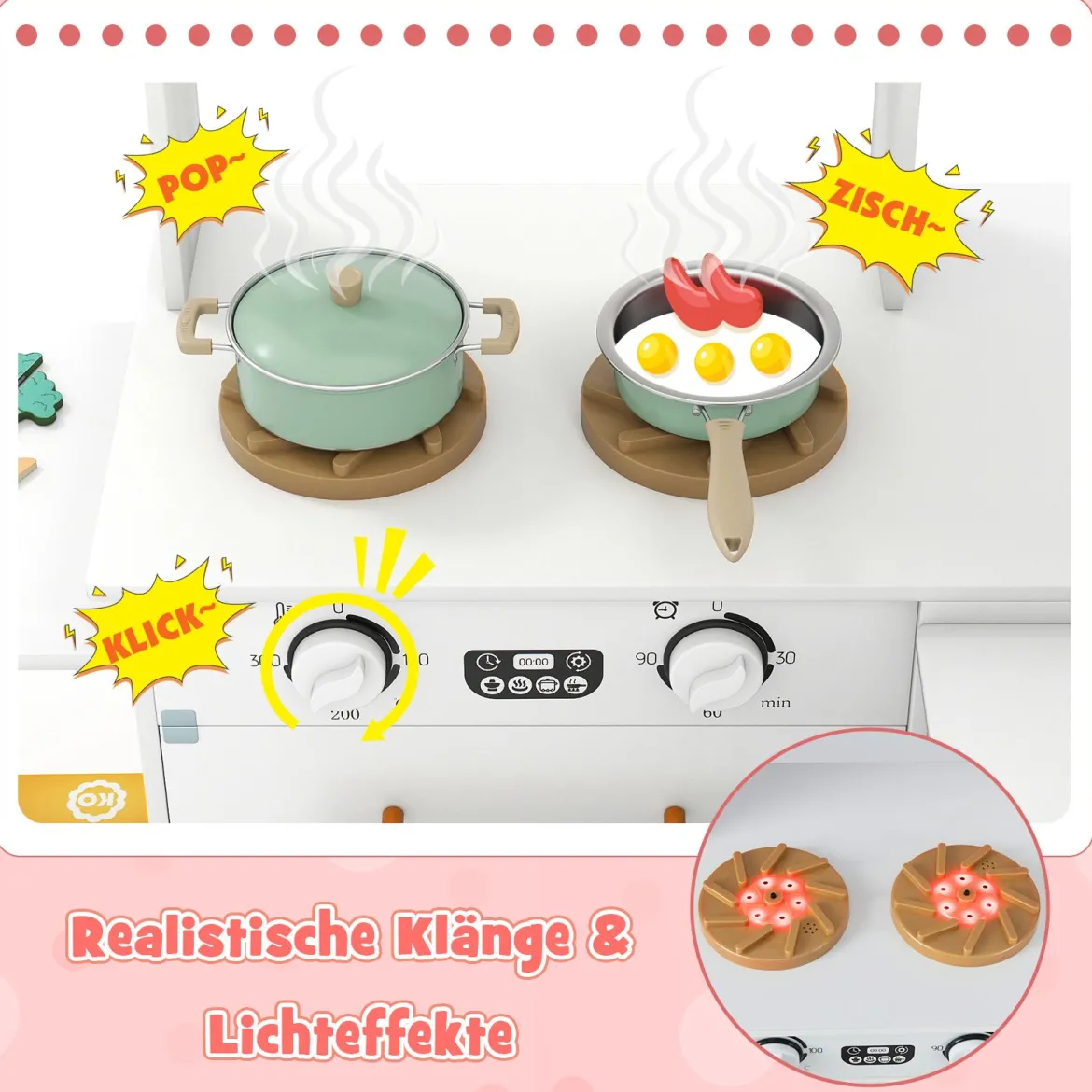 Eckküche mit Licht und Sound Holzspielset mit ausziehbarer Arbeitsplatte Spüle Herd Ofen Kühlschrank Weiß