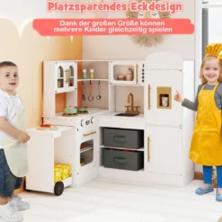 Eckküche mit Licht und Sound Holzspielset mit ausziehbarer Arbeitsplatte Spüle Herd Ofen Kühlschrank Weiß