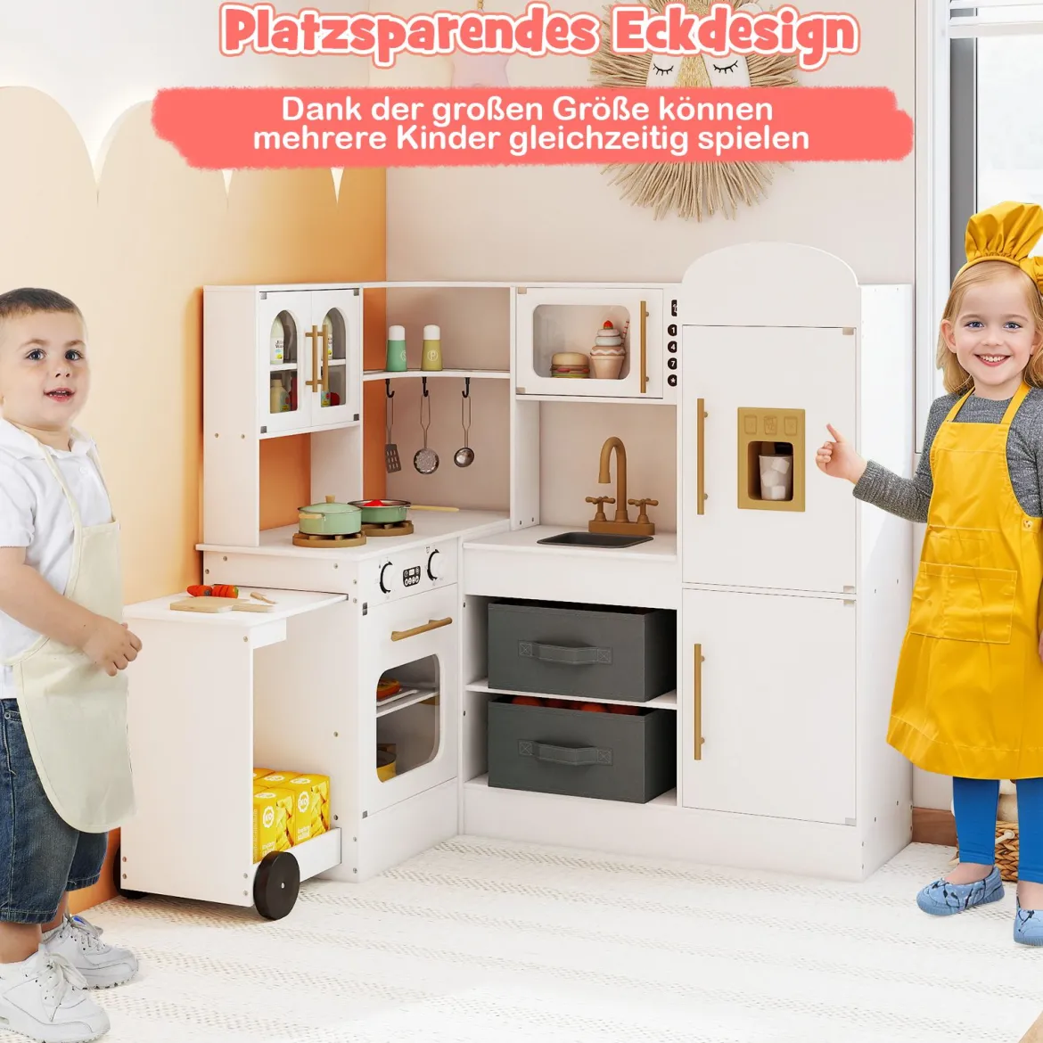 Eckküche mit Licht und Sound Holzspielset mit ausziehbarer Arbeitsplatte Spüle Herd Ofen Kühlschrank Weiß