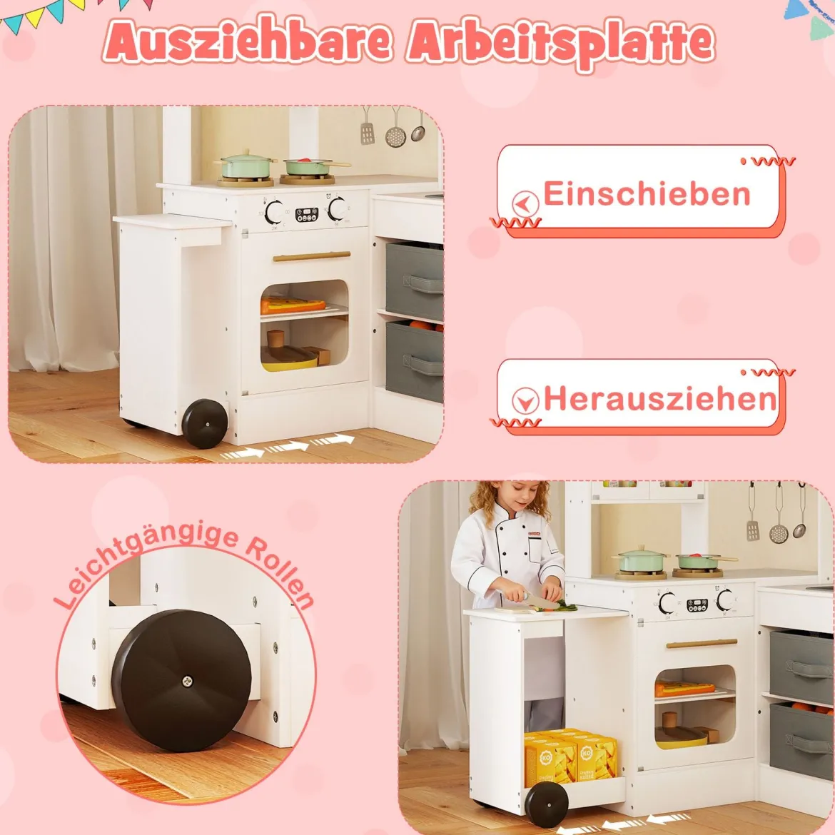 Eckküche mit Licht und Sound Holzspielset mit ausziehbarer Arbeitsplatte Spüle Herd Ofen Kühlschrank Weiß