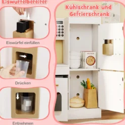 Eckküche mit Licht und Sound Holzspielset mit ausziehbarer Arbeitsplatte Spüle Herd Ofen Kühlschrank Weiß