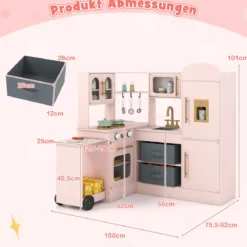 Eckküche mit Licht und Sound Holzspielset mit ausziehbarer Arbeitsplatte Spüle Herd Ofen Kühlschrank Rosa