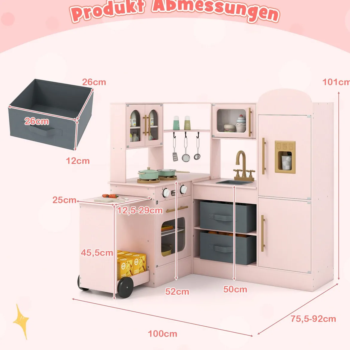 Eckküche mit Licht und Sound Holzspielset mit ausziehbarer Arbeitsplatte Spüle Herd Ofen Kühlschrank Rosa