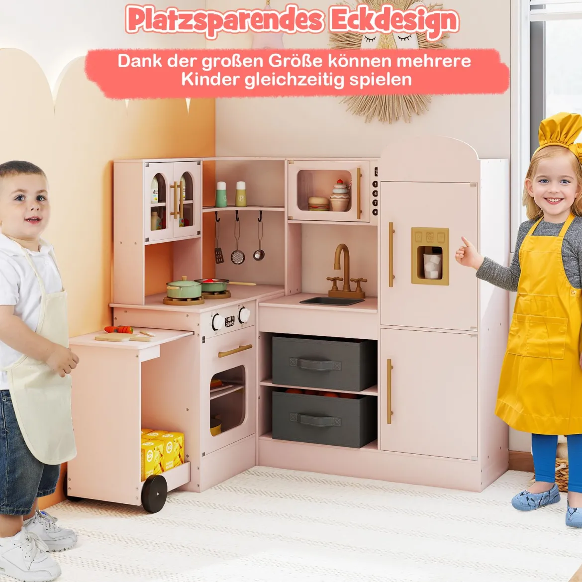 Eckküche mit Licht und Sound Holzspielset mit ausziehbarer Arbeitsplatte Spüle Herd Ofen Kühlschrank Rosa