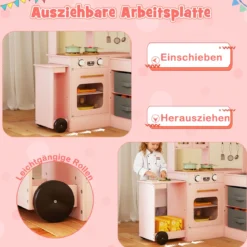 Eckküche mit Licht und Sound Holzspielset mit ausziehbarer Arbeitsplatte Spüle Herd Ofen Kühlschrank Rosa