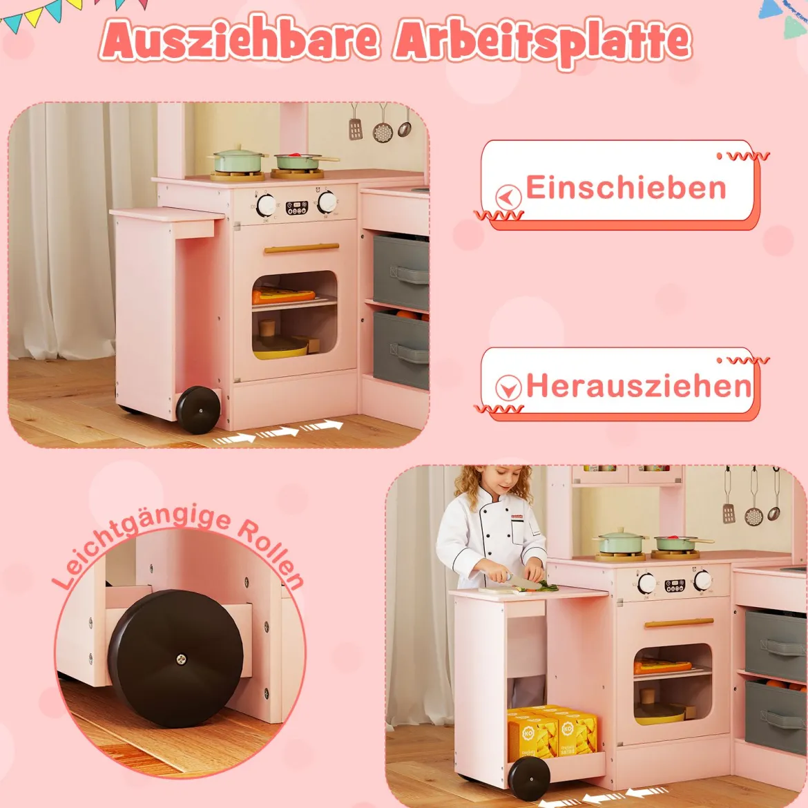 Eckküche mit Licht und Sound Holzspielset mit ausziehbarer Arbeitsplatte Spüle Herd Ofen Kühlschrank Rosa