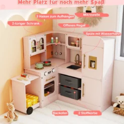 Eckküche mit Licht und Sound Holzspielset mit ausziehbarer Arbeitsplatte Spüle Herd Ofen Kühlschrank Rosa