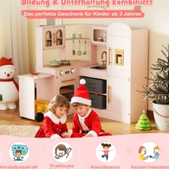 Eckküche mit Licht und Sound Holzspielset mit ausziehbarer Arbeitsplatte Spüle Herd Ofen Kühlschrank Rosa