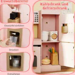 Eckküche mit Licht und Sound Holzspielset mit ausziehbarer Arbeitsplatte Spüle Herd Ofen Kühlschrank Rosa