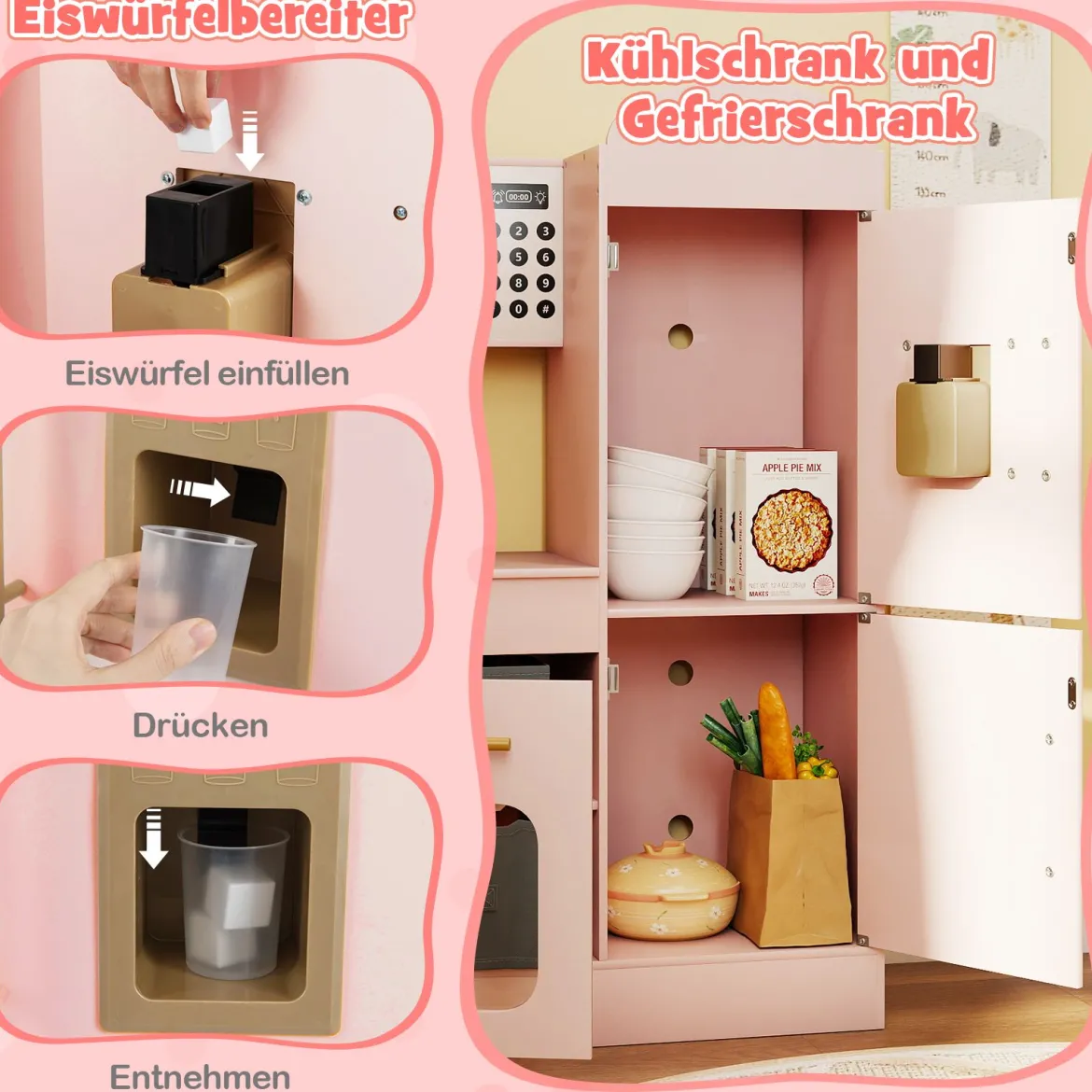 Eckküche mit Licht und Sound Holzspielset mit ausziehbarer Arbeitsplatte Spüle Herd Ofen Kühlschrank Rosa