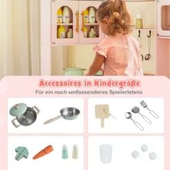 Eckküche mit Licht und Sound Holzspielset mit ausziehbarer Arbeitsplatte Spüle Herd Ofen Kühlschrank Rosa