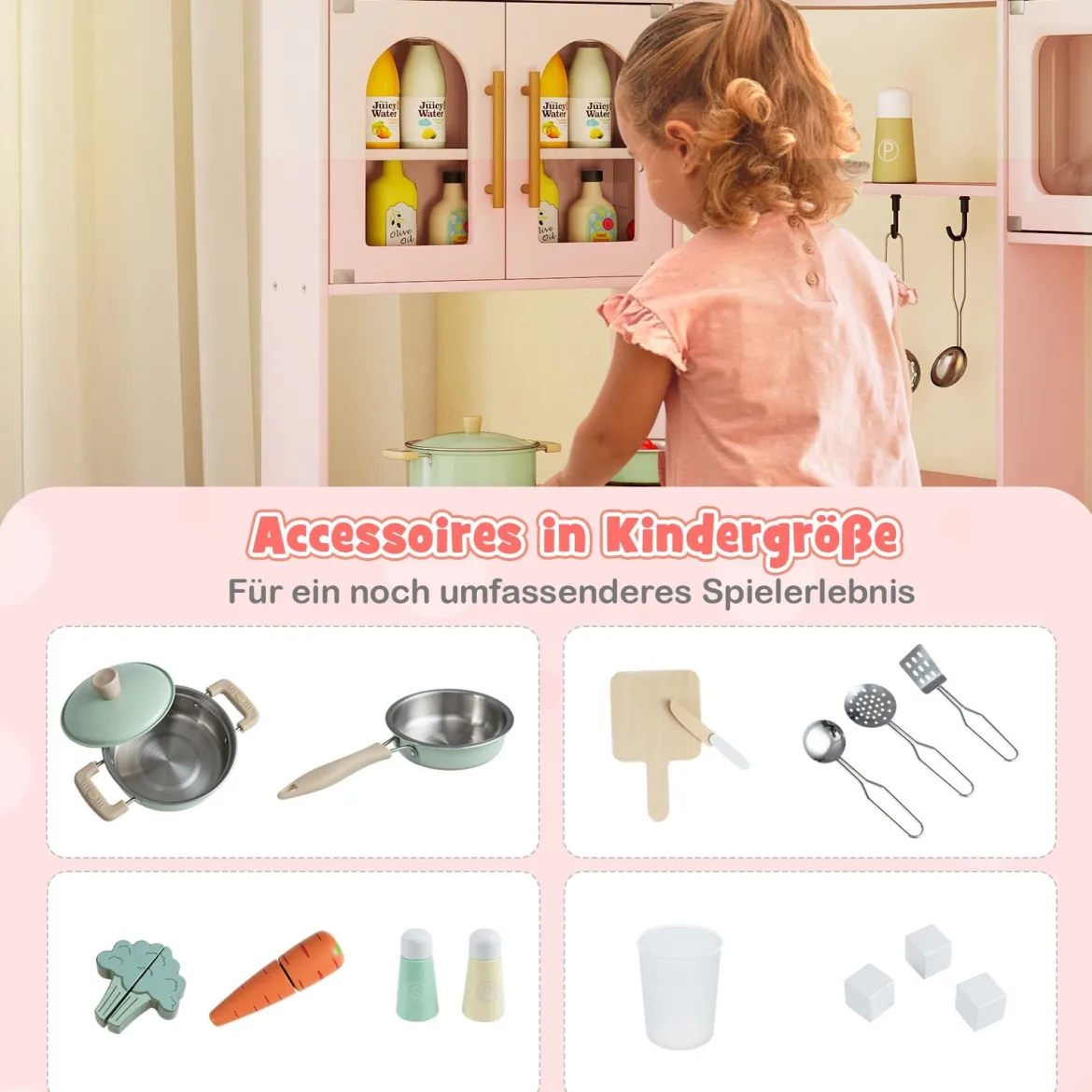 Eckküche mit Licht und Sound Holzspielset mit ausziehbarer Arbeitsplatte Spüle Herd Ofen Kühlschrank Rosa