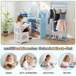 Eck-Kinderschminktisch mit Spiegel & Beleuchtung Prinzessinnen-Schminktisch mit Stuhl-Set Kosmetiktisch Blau