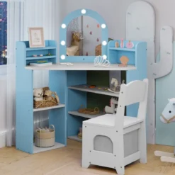Eck-Kinderschminktisch mit Spiegel & Beleuchtung Prinzessinnen-Schminktisch mit Stuhl-Set Kosmetiktisch Blau