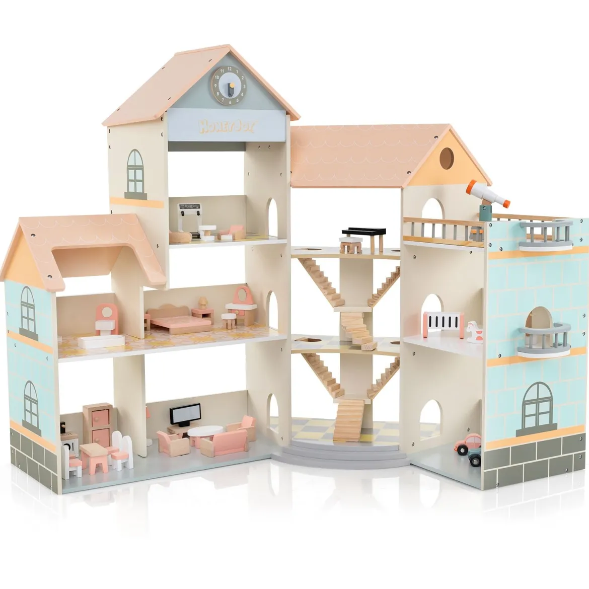 Eck-Puppenhaus aus Holz mit Rosa Dach & 41 Möbelstücken & Zubehör Puppenstube DIY Traumhaus Orange