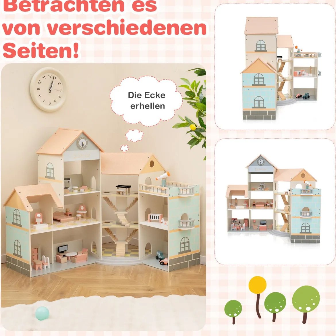 Eck-Puppenhaus aus Holz mit Rosa Dach & 41 Möbelstücken & Zubehör Puppenstube DIY Traumhaus Orange