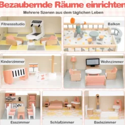 Eck-Puppenhaus aus Holz mit Rosa Dach & 41 Möbelstücken & Zubehör Puppenstube DIY Traumhaus Orange