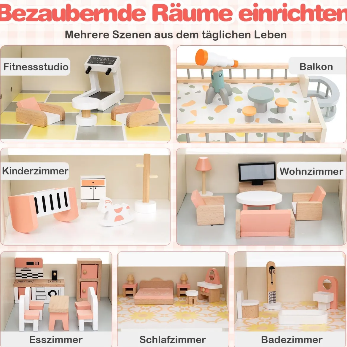 Eck-Puppenhaus aus Holz mit Rosa Dach & 41 Möbelstücken & Zubehör Puppenstube DIY Traumhaus Orange