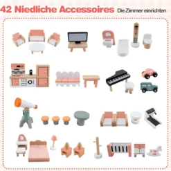 Eck-Puppenhaus aus Holz mit Rosa Dach & 41 Möbelstücken & Zubehör Puppenstube DIY Traumhaus Orange