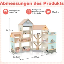 Eck-Puppenhaus aus Holz mit Rosa Dach & 41 Möbelstücken & Zubehör Puppenstube DIY Traumhaus Orange