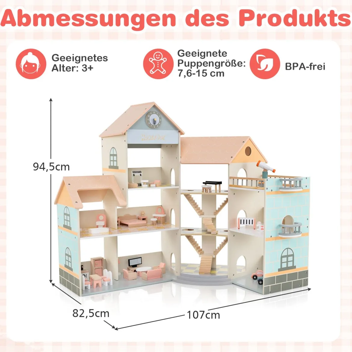 Eck-Puppenhaus aus Holz mit Rosa Dach & 41 Möbelstücken & Zubehör Puppenstube DIY Traumhaus Orange