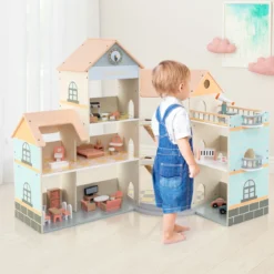 Eck-Puppenhaus aus Holz mit Rosa Dach & 41 Möbelstücken & Zubehör Puppenstube DIY Traumhaus Orange