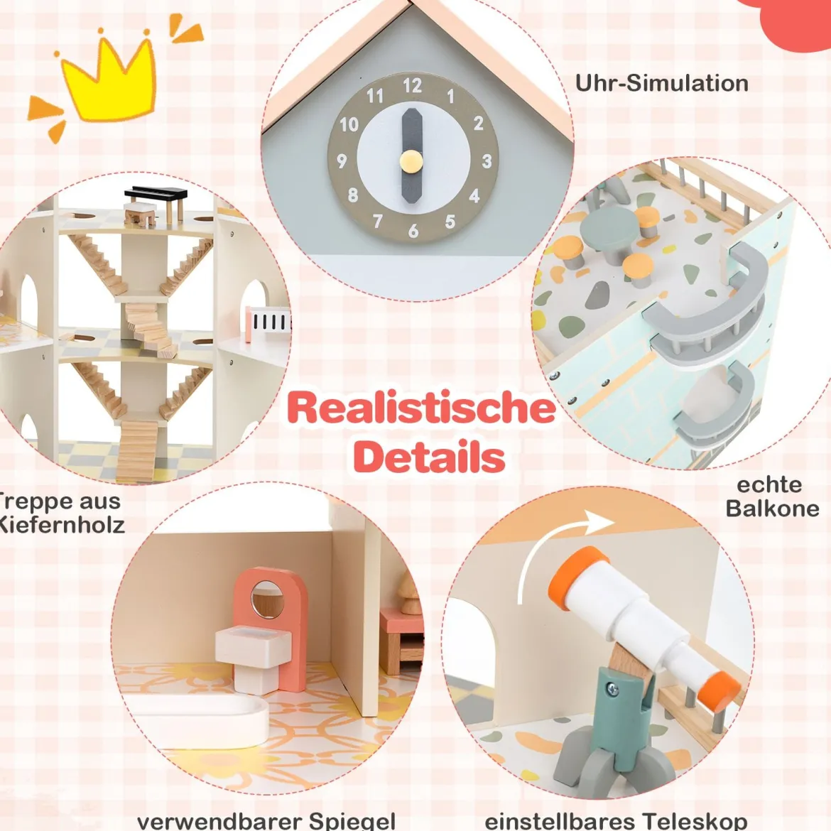 Eck-Puppenhaus aus Holz mit Rosa Dach & 41 Möbelstücken & Zubehör Puppenstube DIY Traumhaus Orange