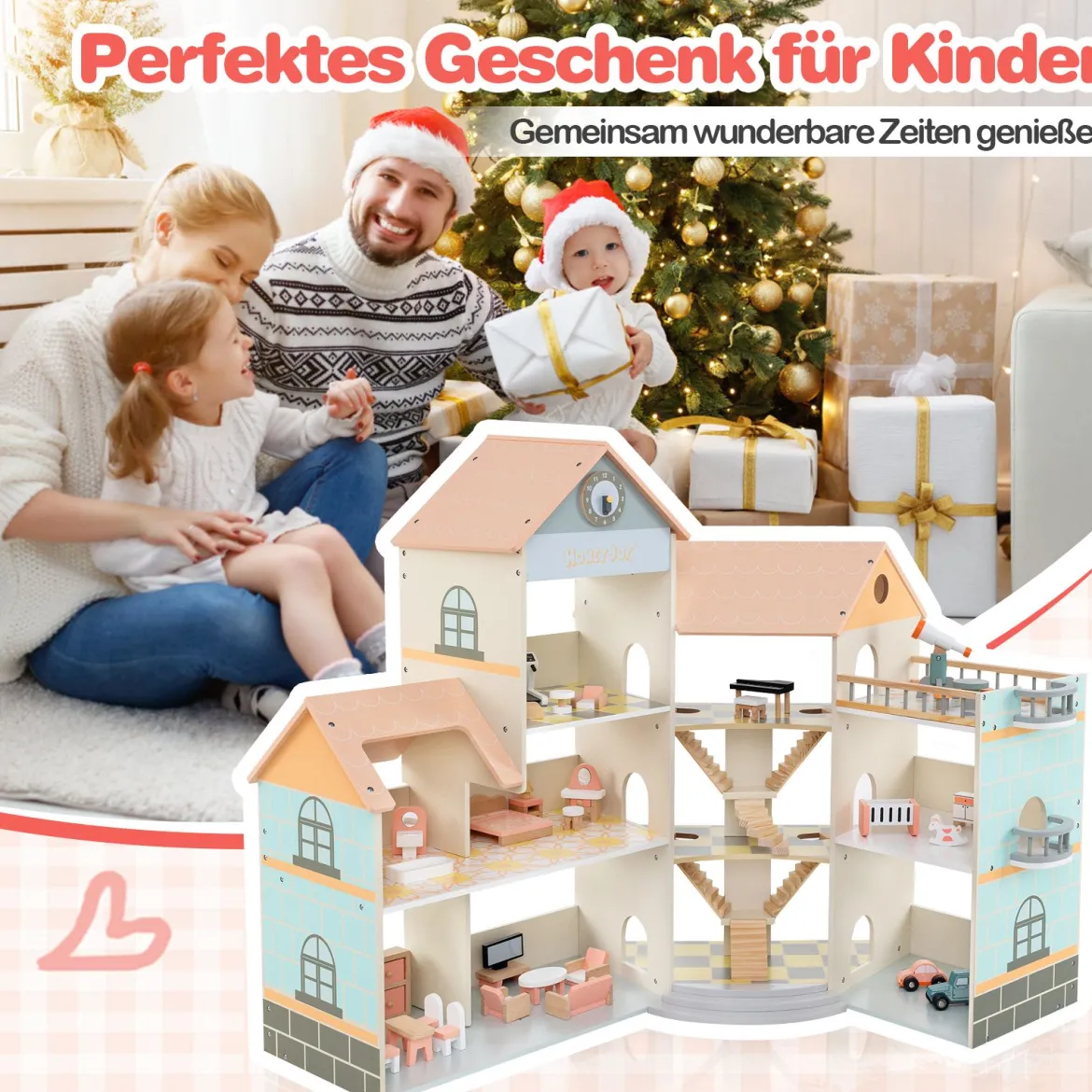 Eck-Puppenhaus aus Holz mit Rosa Dach & 41 Möbelstücken & Zubehör Puppenstube DIY Traumhaus Orange