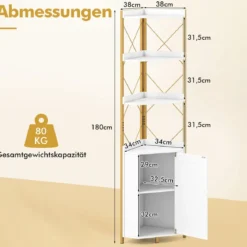 Eckregal mit Stauraum 180 cm hohes Eckschrank mit Absturzsicherungen 5-stöckiges freistehendes Bücherregal Weiß
